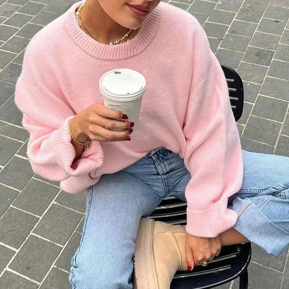 Pink Casual Women's Loose Drop Shoulder Pullover Sweater - Picture 2 of 3